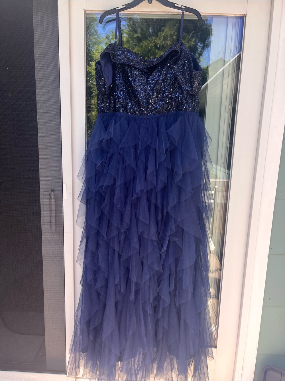 Navy Beaded Ruffle Tulle Evening Gown - Picture 3 of 5